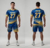 Custom Gold Blue Lacrosse Uniforms