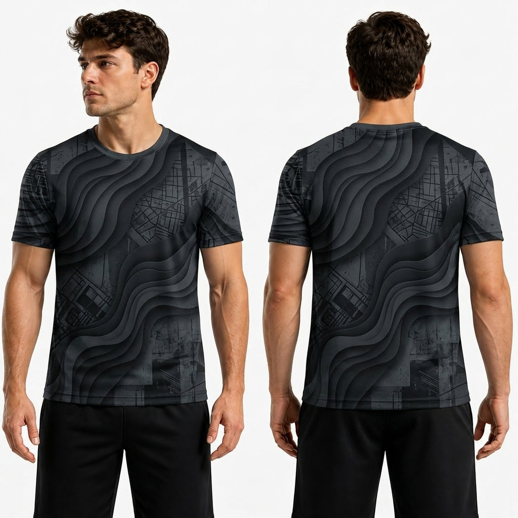 Black Grey Patterned Polyester T Shirts