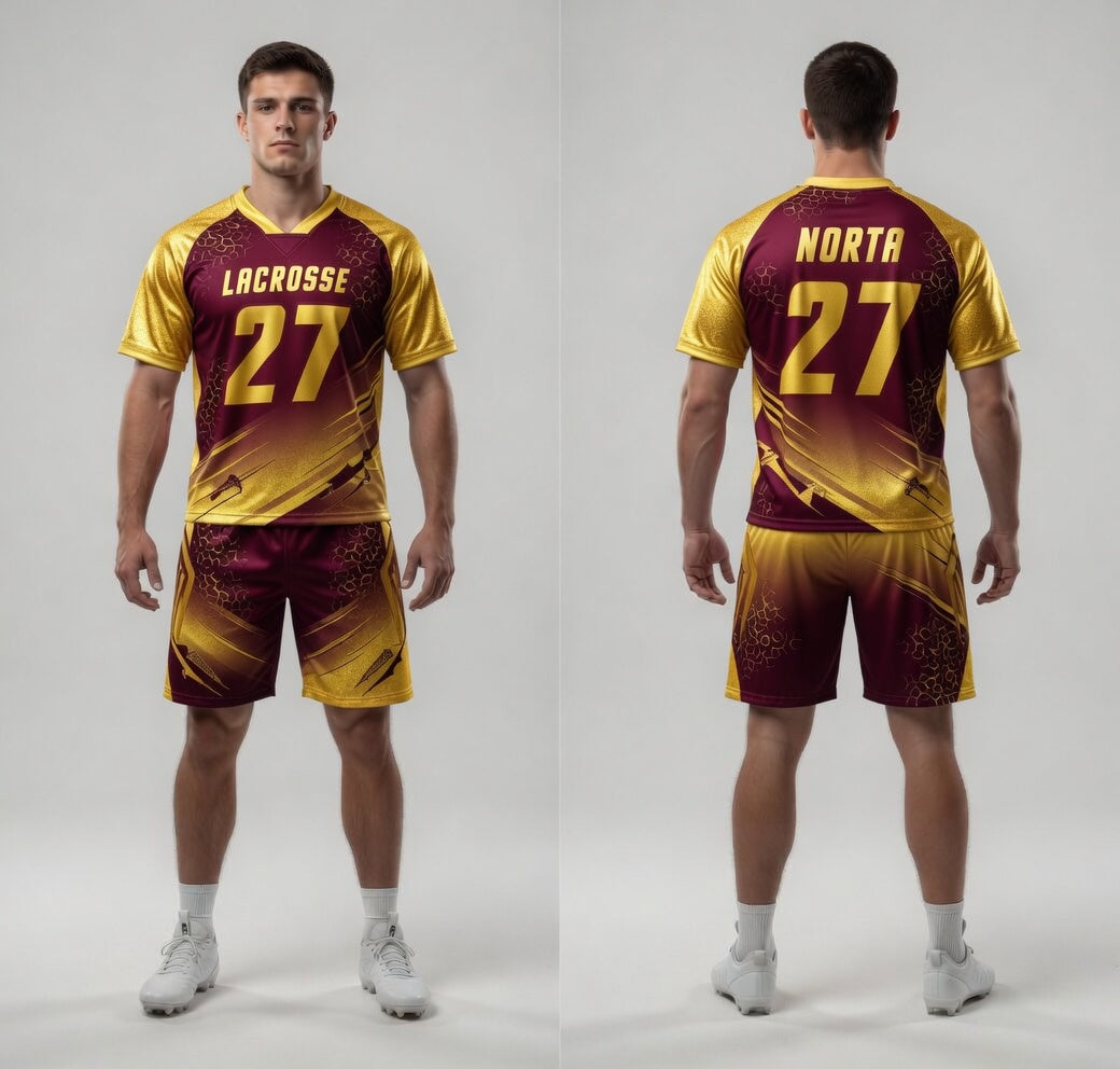 Custom Crimson Yellow Lacrosse Uniforms