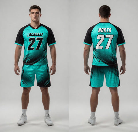 Custom Cyan Black Lacrosse Uniforms