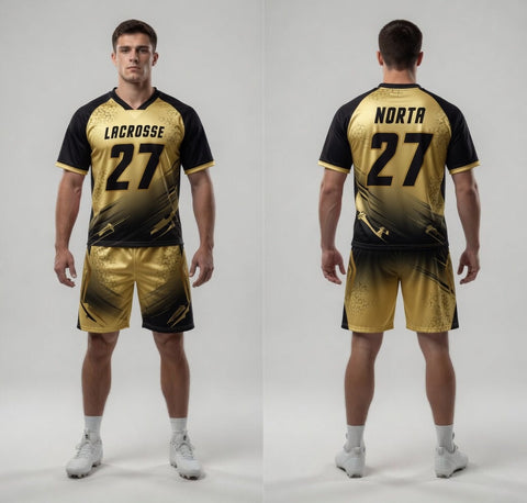 Custom Gold Blue Lacrosse Uniforms
