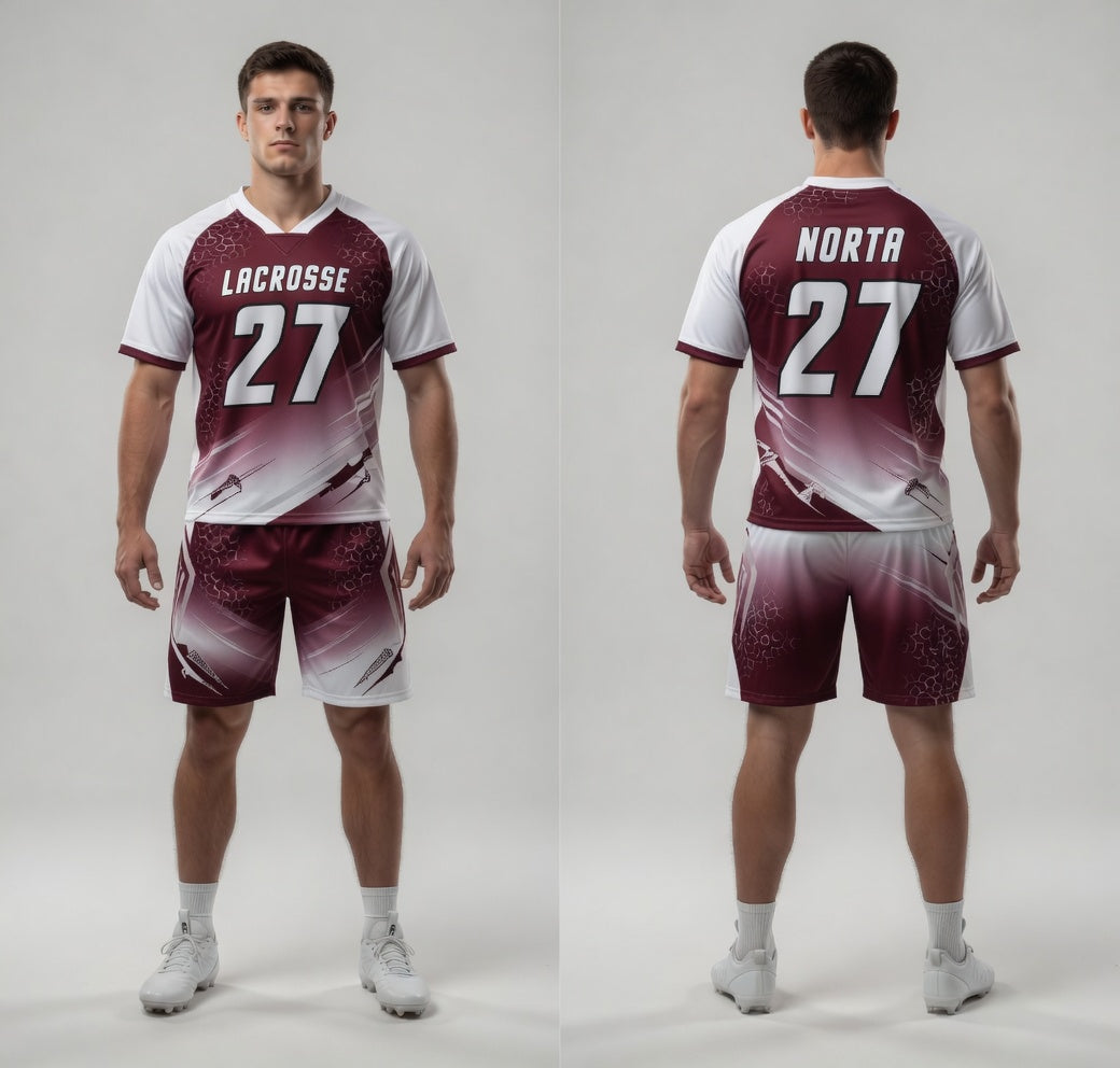 Custom Maroon White Lacrosse Uniforms