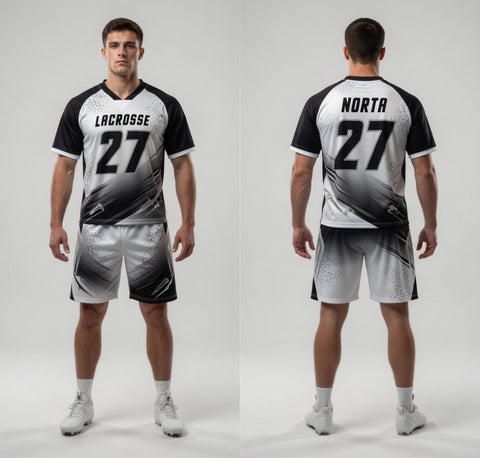 Custom White Black Lacrosse Uniforms