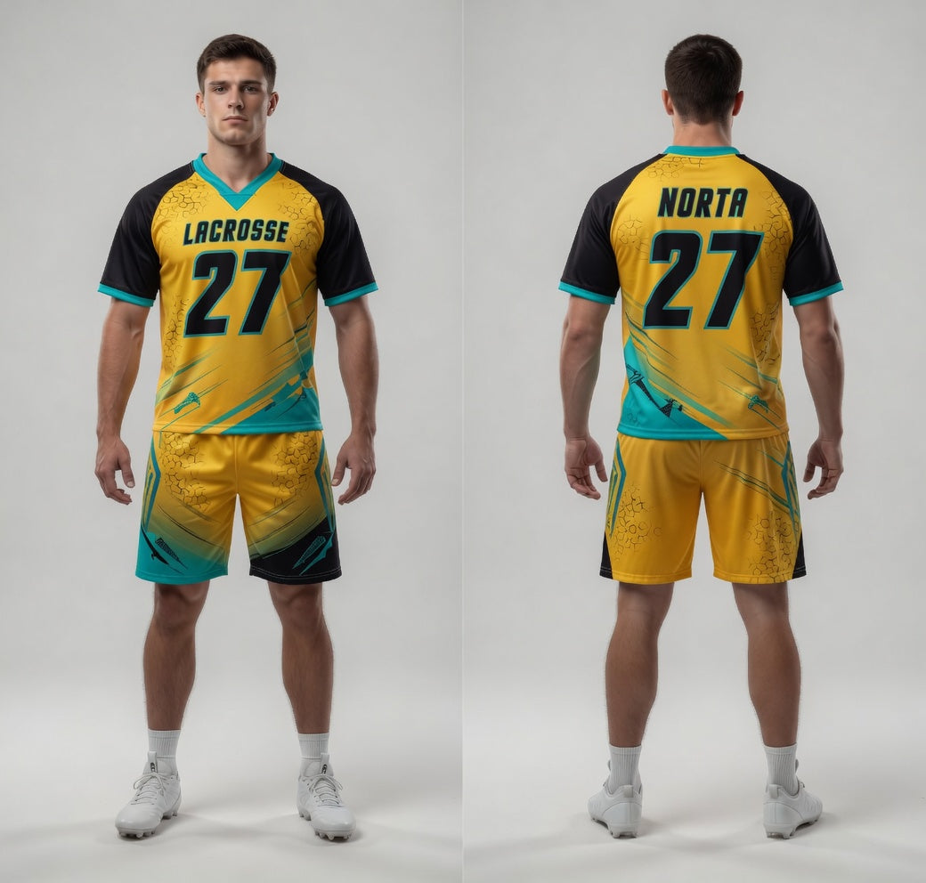 Custom Yellow Teal Lacrosse Uniforms
