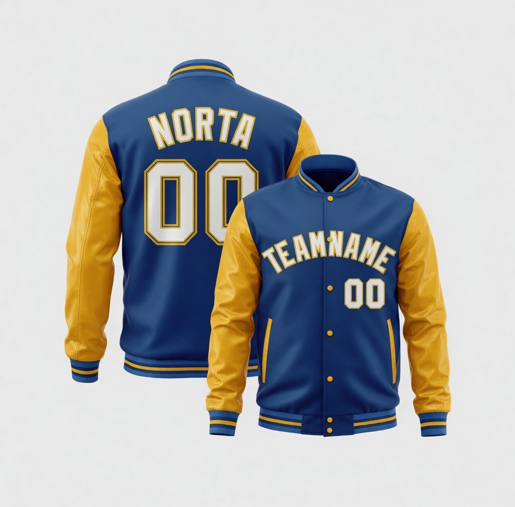 Custom Powder Blue Yellow Varsity Jackets